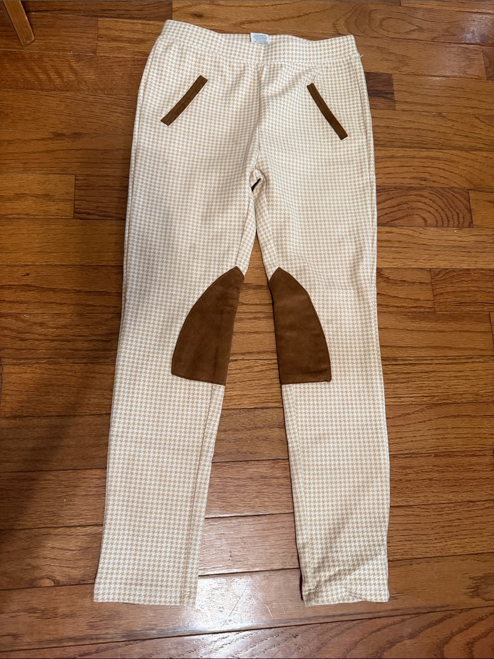 Kids Cream Houndstooth Leggings with Brown Suede Knee Patches